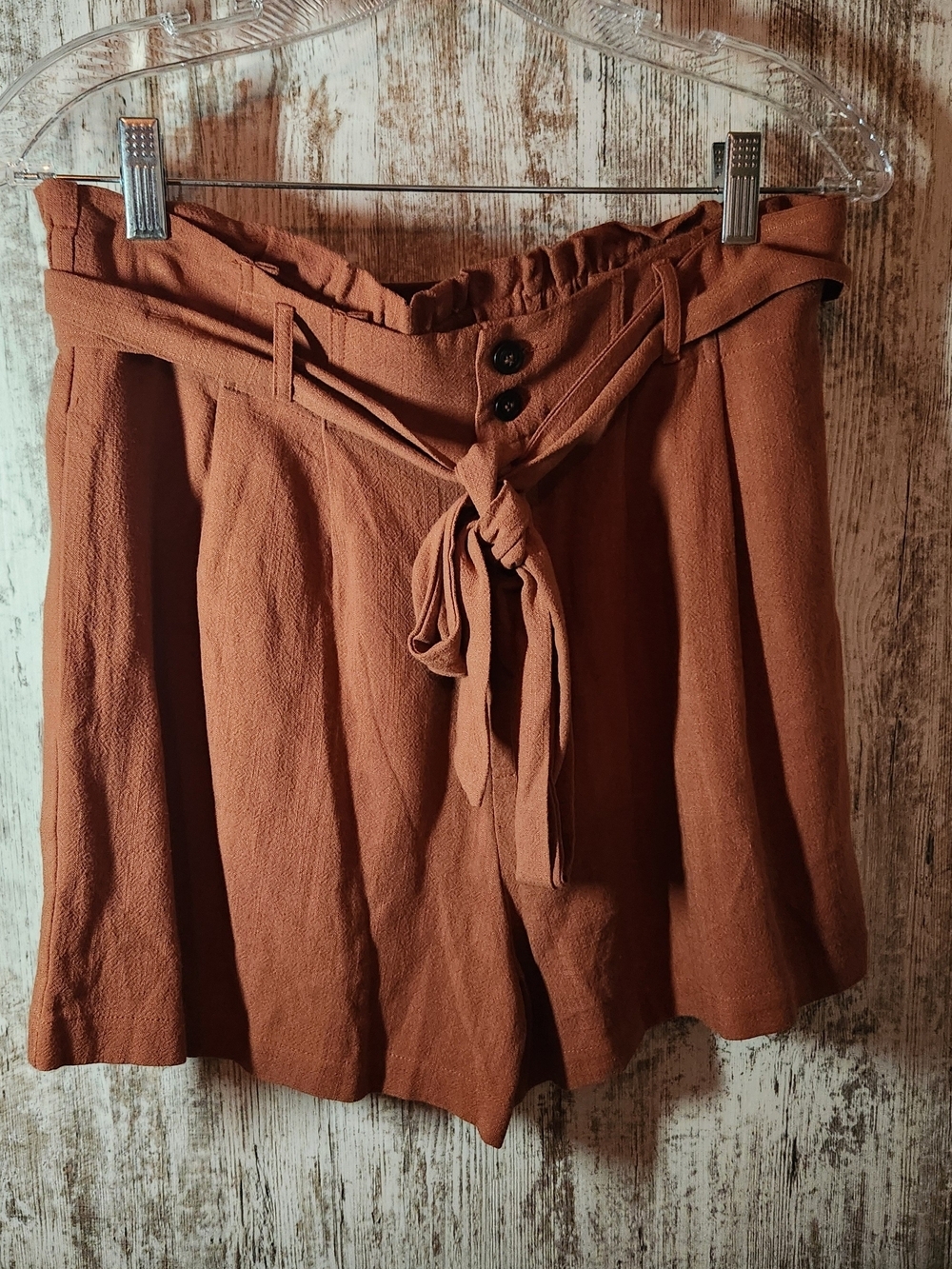 Pink Lily High Waist Paperbag Flowy Shorts Burnt Orange Rust Pockets Tie Waist